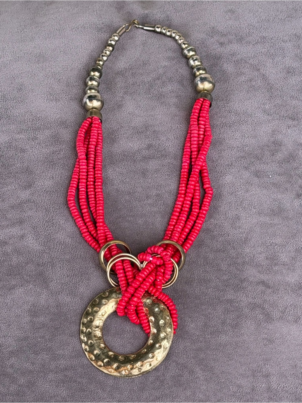 Vintage Red Seed Bead Multi Strand Necklace Hammered Brass O Ring Pendant Boho